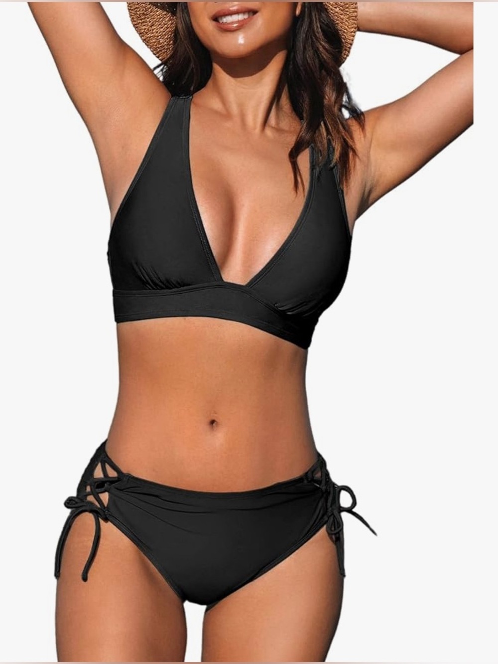 Cupshe Black V-Neck Lace-Up Bikini Top